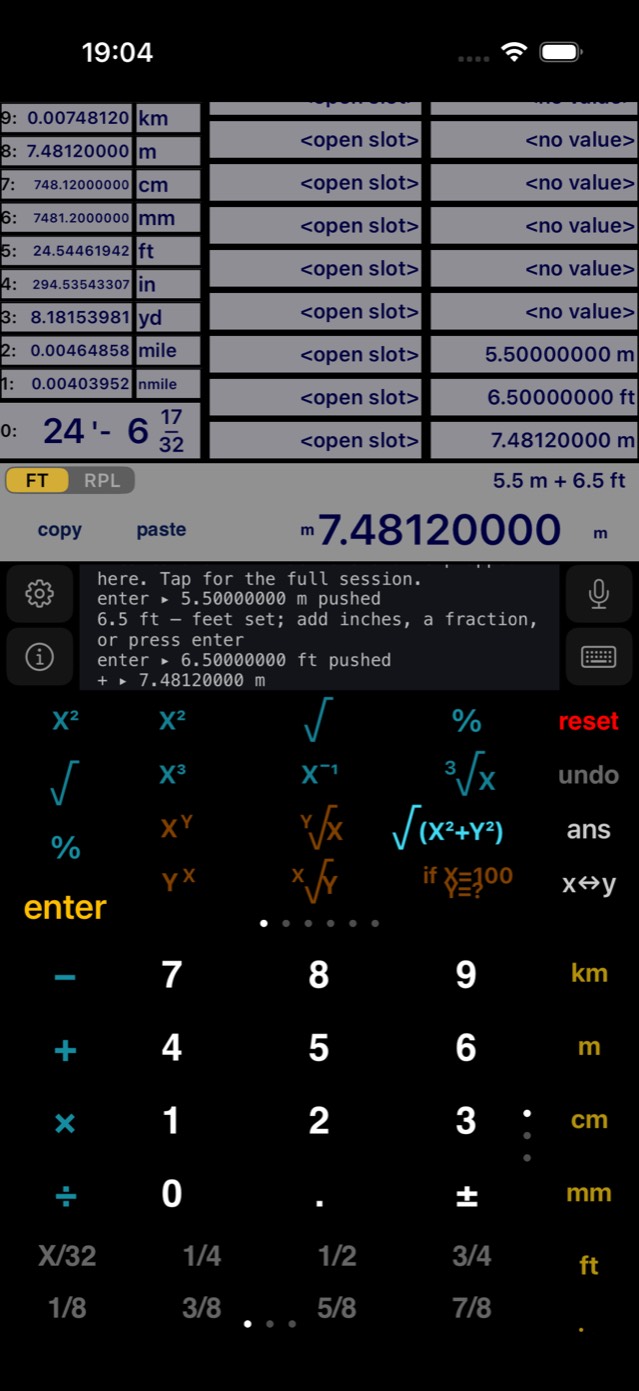 La calculadora tras computar 5.5 m + 6.5 ft, con todos los paneles poblados