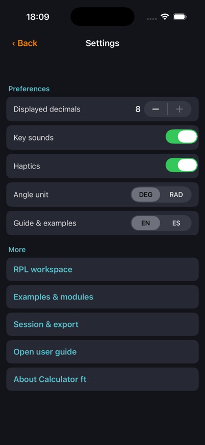Settings panel