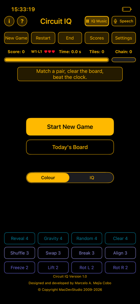 The opening panel of the colour game: Start New Game, Today's Board, the Colour / IQ switch, and the twelve powers below