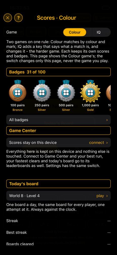 Scores: the badge strip, Game Center, today's board, the sitting