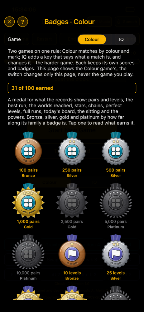 The Badges page: a hundred medals in a grid, earned ones in their metal