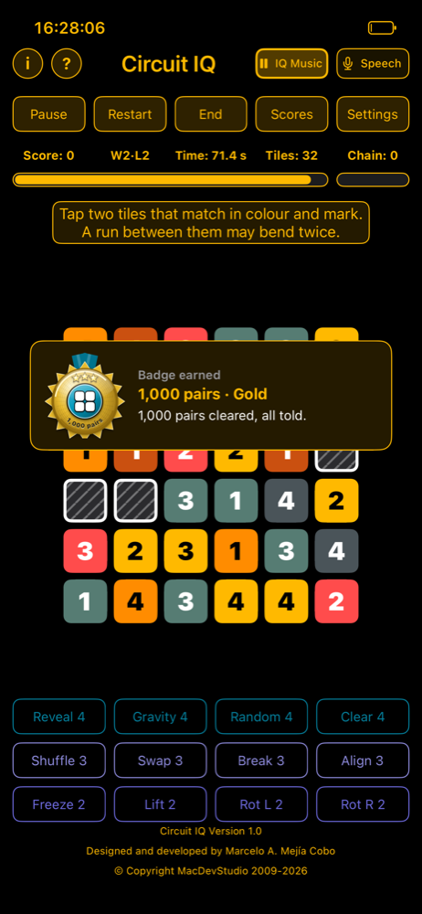 A board in play with a badge just earned announced over it: the medal, its name and what earned it