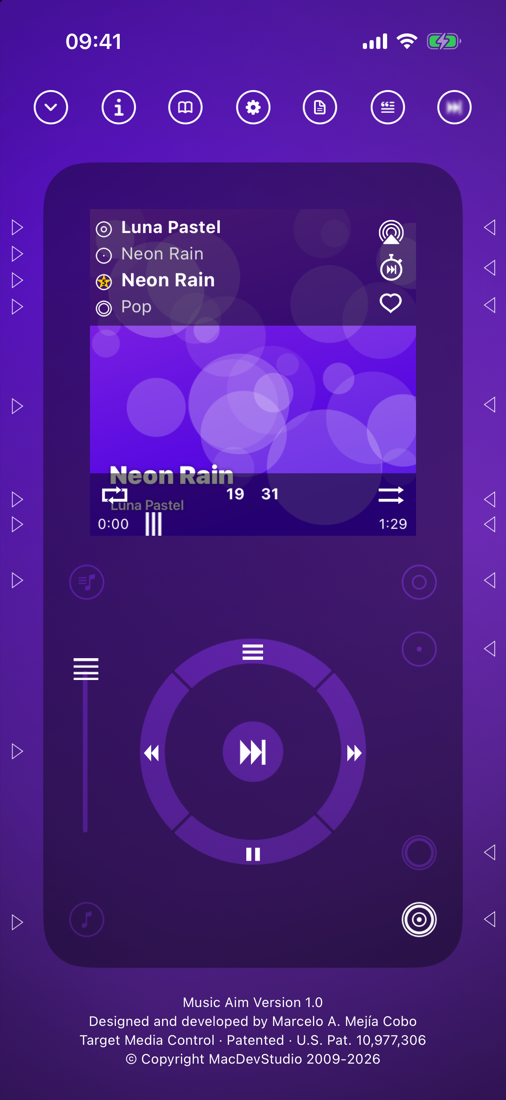 The player: the display with the song, the wheel and the target buttons around it, the row of page buttons above