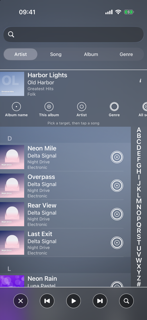 The Songs list: search, a strip of targets under the playing song, the A to Z bar