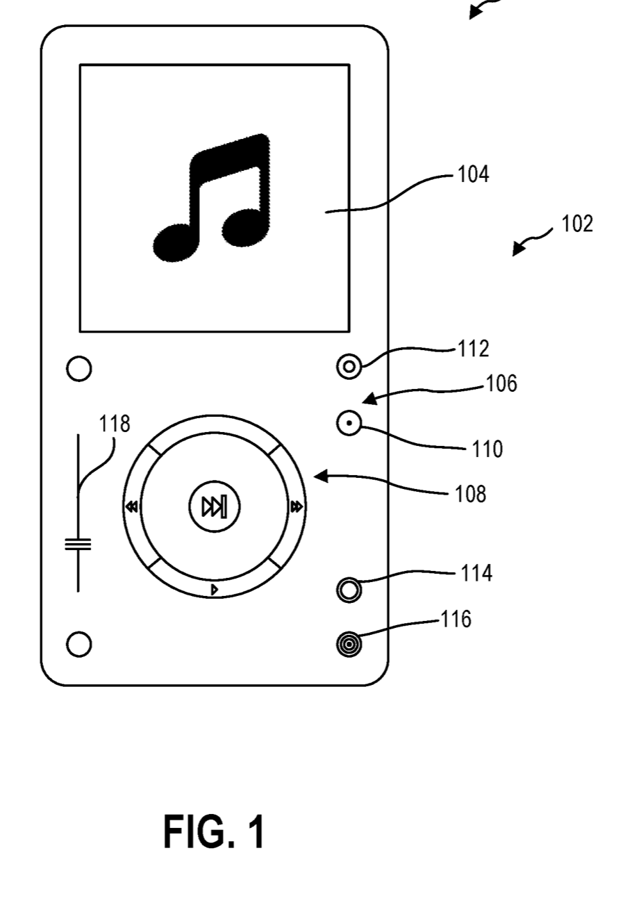 FIG. 1 of US patent 10,977,306: a player with a display, a wheel and round target buttons beside it