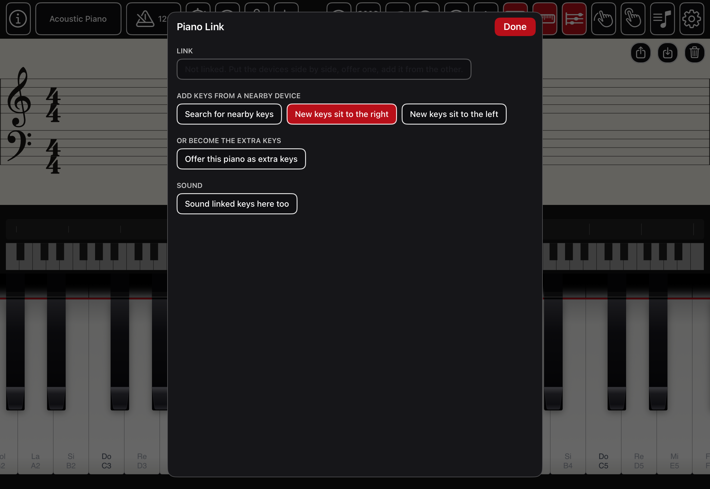 The Piano Link panel