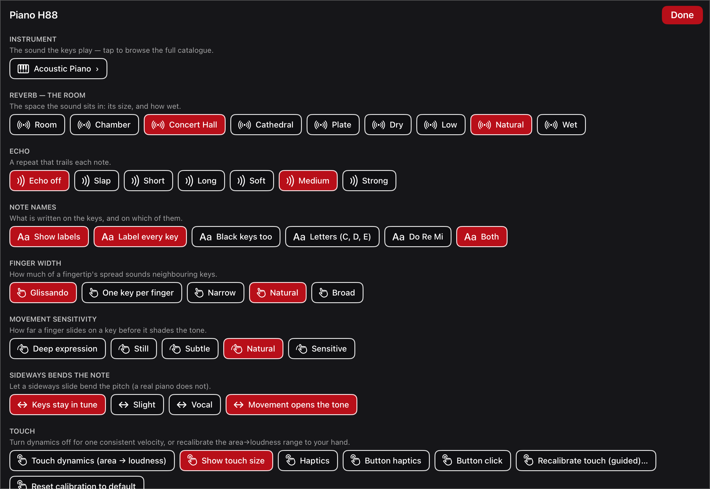 The settings page