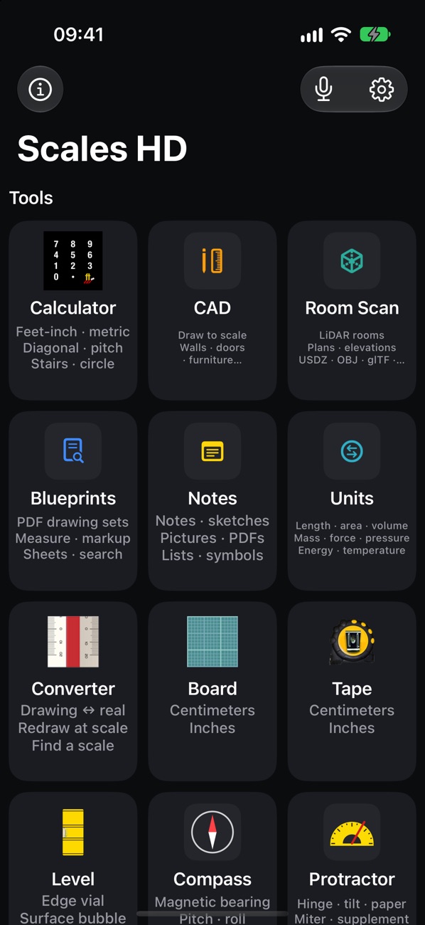 The home screen: calculator, CAD, Room Scan, Blueprints, Notes, Units, Converter, Board, Tape, Level, Compass and Protractor
