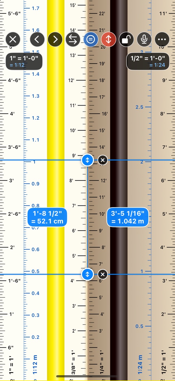 Architect's scale with two measuring lines and US ↔ metric equivalents