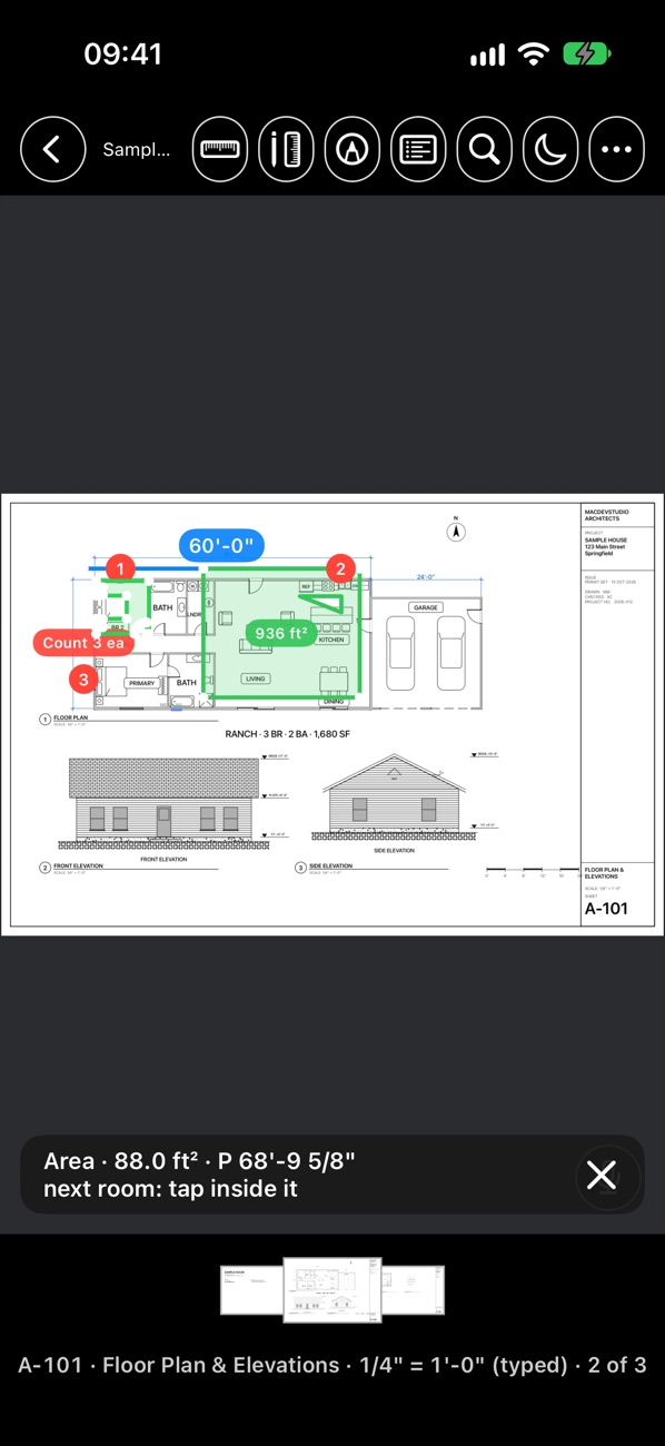 Blueprints: a sheet with a plan and elevations, measured
