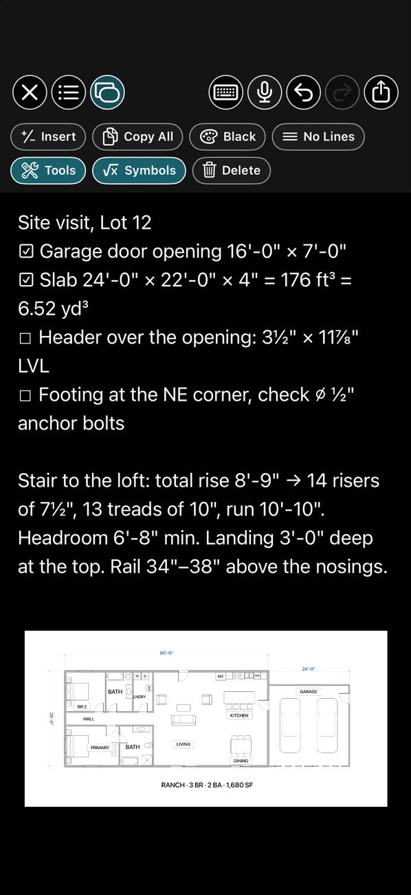 A site note with a checklist and a plan