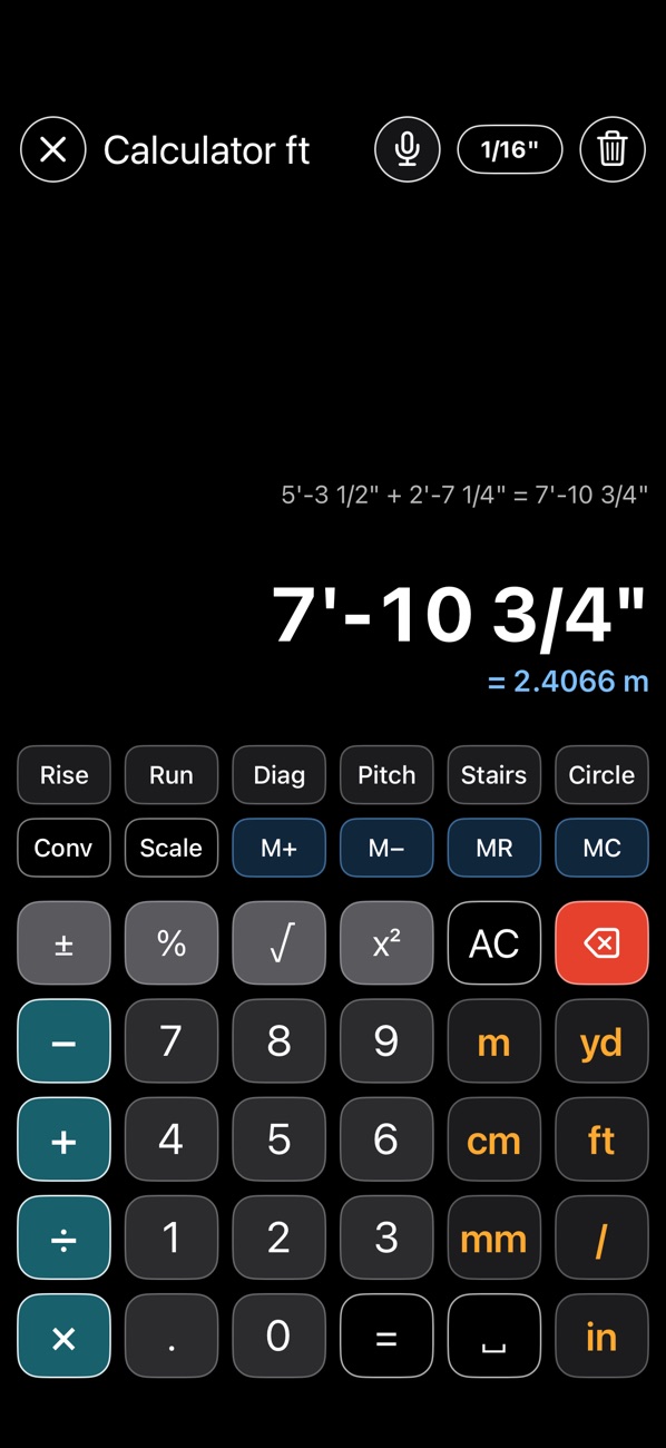 Construction calculator in feet, inches and fractions