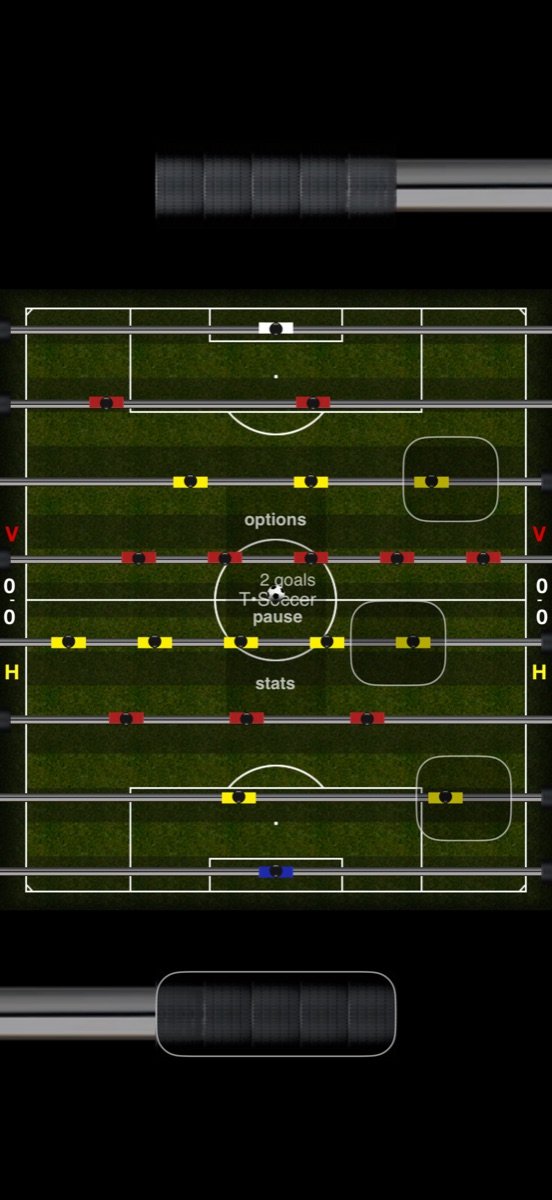 A two-player match in play, rods at eight different positions