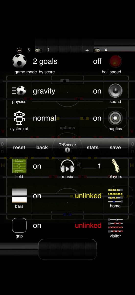 The options screen with every setting on one page